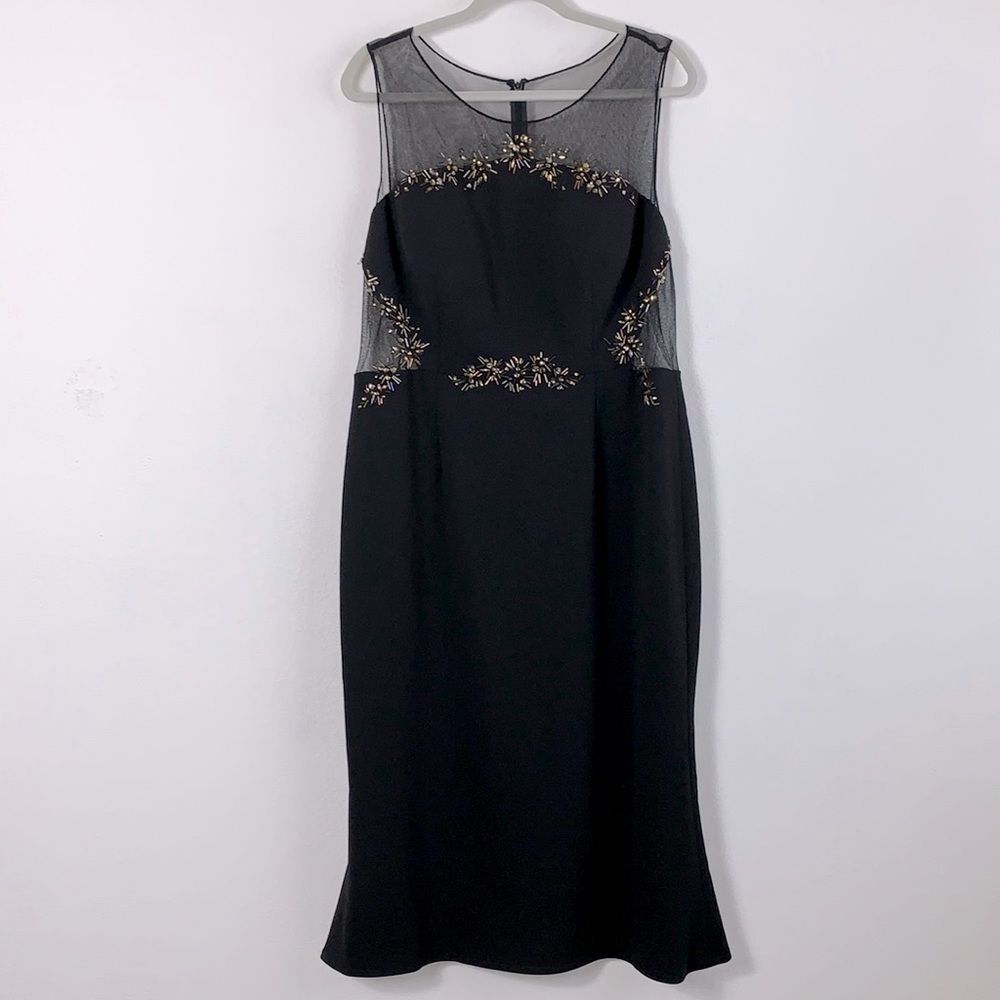 Adrianna Papell Embellished Beaded Knit Mesh Crepe Black Gown Occasion Dress 16